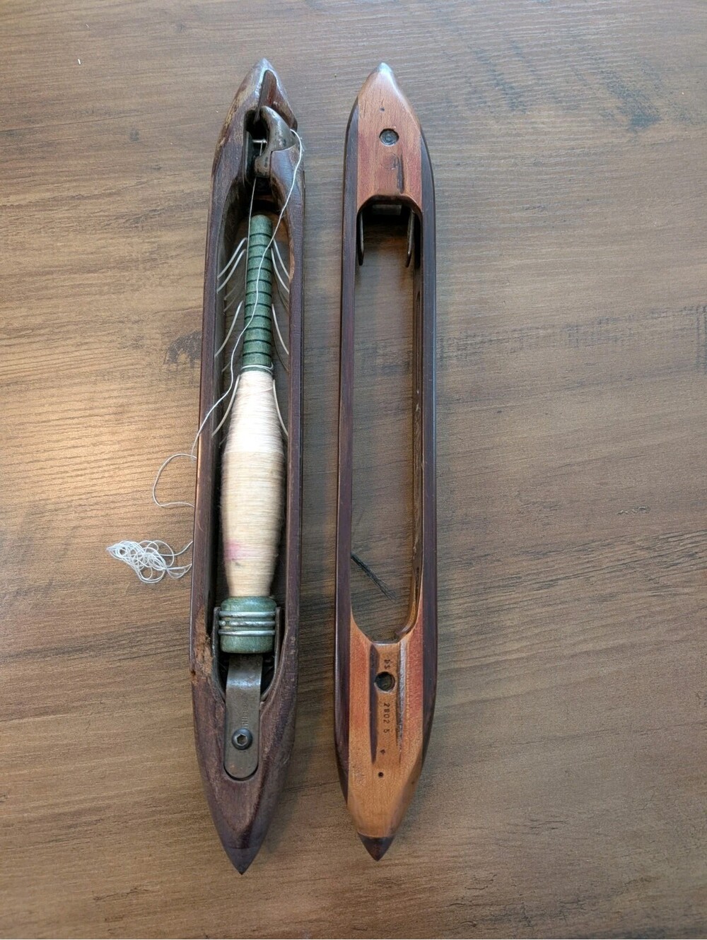 Lot of 2 Vintage Wooden Weaving Shuttles 15" w/ Bobbin Textile Tool